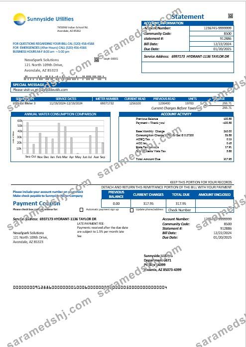 USA Washington Sunnyside Utilities water business utility bill template in Word and PDF formats